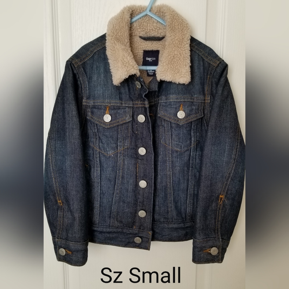 GAP Kids Dark Blue Denim Jacket with Cream Sherpa Collar